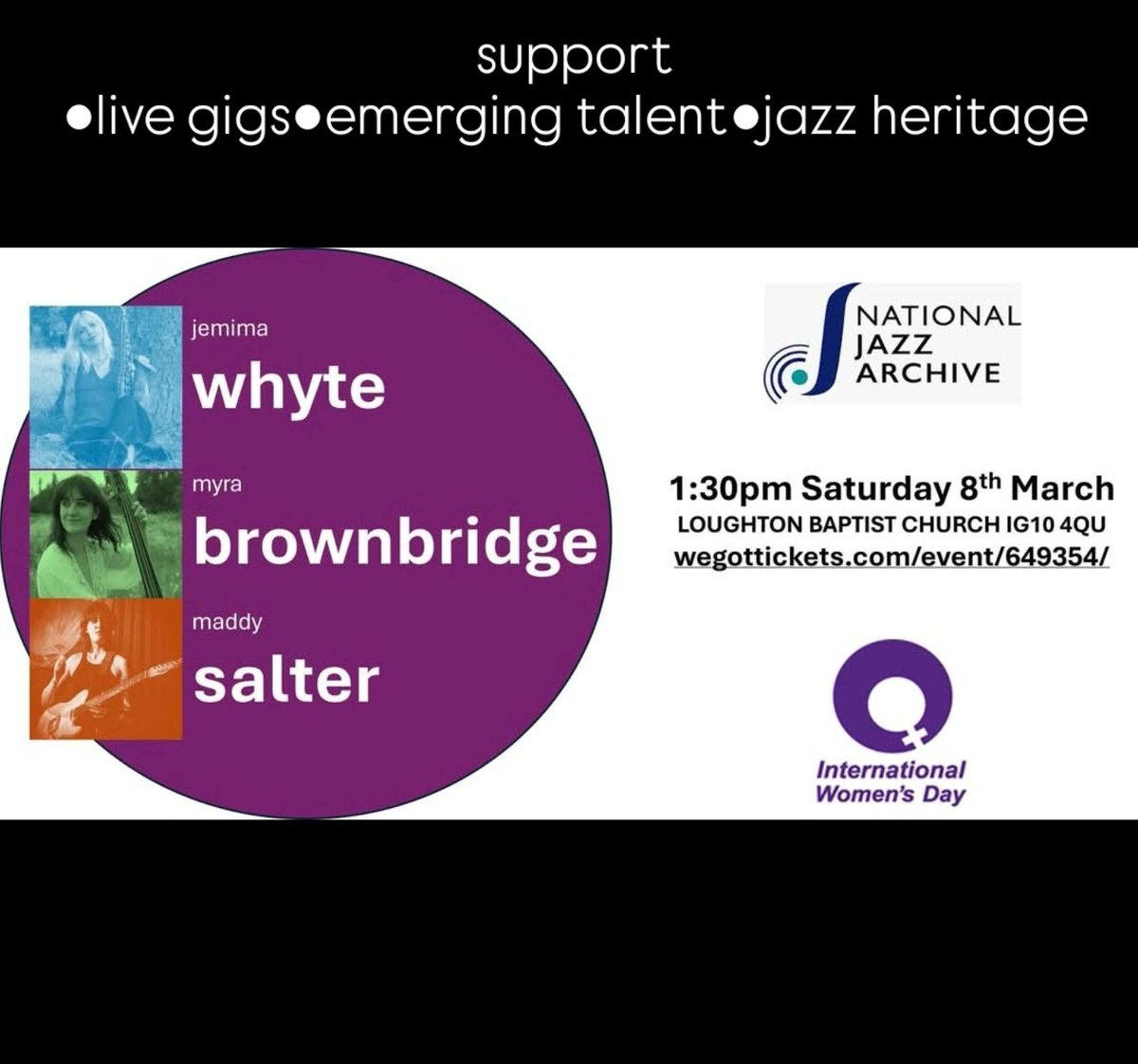 Mark Kass (@markkass) on Twitter photo Live #Jazz booking now!
<a href="/JazzArchive/">NationalJazzArchive</a>
<a href="/jemimawhyte1/">jemima whyte</a> <a href="/myrabrownbridge/">Myra Brownbridge</a>
@maddyplaysguitar
SATURDAY 8TH MARCH 1:30PM
#loughtonbaptistchurch
#InternationalWomensDay
wegottickets.com/event/649354 Live #Jazz booking now!
<a href="/JazzArchive/">NationalJazzArchive</a>
<a href="/jemimawhyte1/">jemima whyte</a> <a href="/myrabrownbridge/">Myra Brownbridge</a>
@maddyplaysguitar
SATURDAY 8TH MARCH 1:30PM
#loughtonbaptistchurch
#InternationalWomensDay
wegottickets.com/event/649354