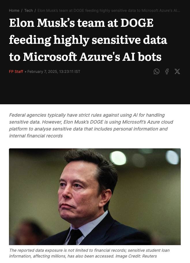 obiwonjohn's tweet photo. @RonFilipkowski The DOGE team was evidently feeding Dept of Ed data to an Azure AI system. Did they do that also for Treasury data? Is this data now in Azure, possibly being backed up every night?  DOGE is out of hand. https://t.co/ICpffShkia