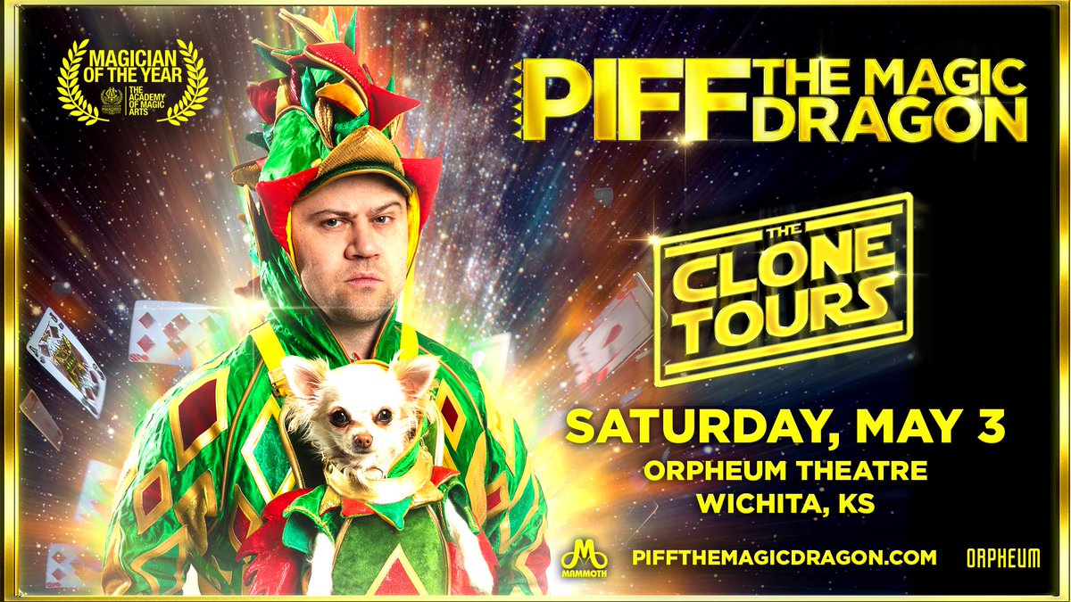 🐉✨JUST ANNOUNCED✨🐉 Piff the Magic Dragon brings The Clone Tours to @wichitaorpheum on Saturday, May 3! Tickets go on sale at 10am this Friday, February 14.

Details ⫸ bit.ly/Piff-May3