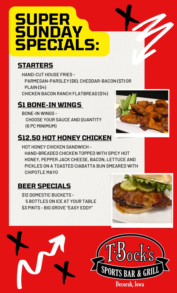 Join us on “Super” Sunday for a great game and some great specials!!!
(Beginning at 5pm)