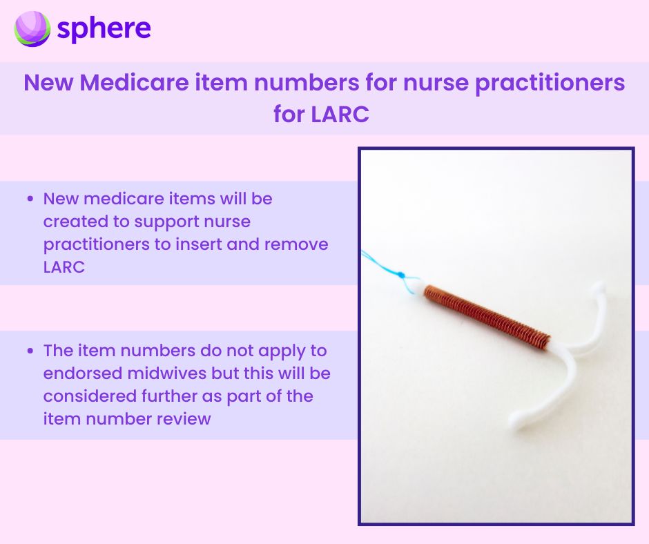 SPHERE research supports an enhanced role for nurse practitioners and increased MBS rebates. 
About 300,000 Australian women save about $400 in expenses.
LARCs reduce unintended pregnancy and abortion rates and assist common conditions such as difficult periods and endometriosis.