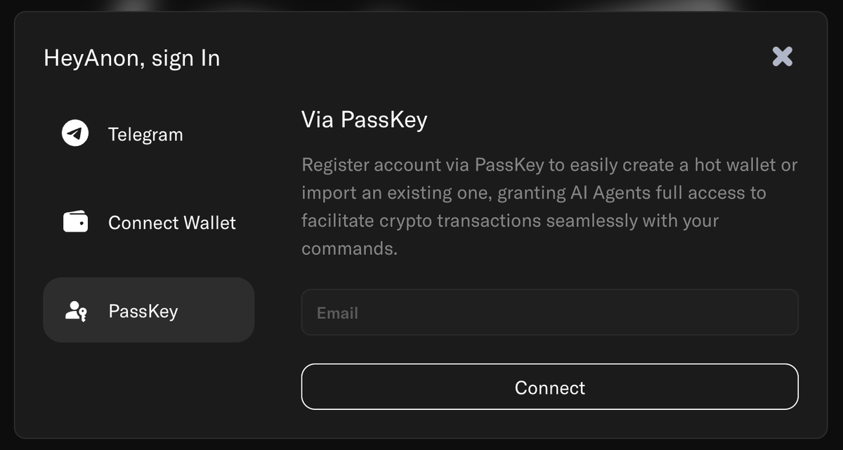 First impressions: <a href="/HeyAnonai/">Hey Anon</a> beta login is smooth. TG, Passkey (email), or wallet—barrier to entry basically 0. Crypto onboarding been trash for years, but this? This is how you scale.

WAGMI ANON