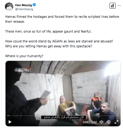 LiBERTE_LiLY_2's tweet photo. Le Hamas a fait répéter leur texte aux otages pour le "spectacle" de leur libération. Ils sont atones et émaciés Comment le monde peut-il ENCORE rester les bras croisés alors que des juifs sont affamés et maltraités ? Pourquoi laisser le Hamas parader ? #GazaRiviera https://t.co/kmUDHvfJ0T