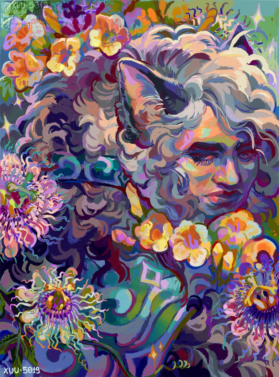 My OC Jesse with some brazilian flowers, yellow Ipê and assorted passion fruit types. Hes a sphinx and everytime I draw him his lips get bigger and more powerful.