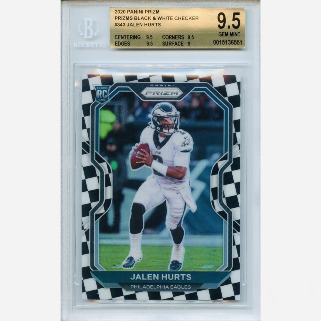 CardsGraded's tweet image. 2020 Prizm Black &amp;amp; White Checker Jalen Hurts    #topps #toppsfootball #jalenhurts #rolltide #flyeaglesfly #thehobby #collect #beckettgrading #bgsgraded #bgs95 #gemmint #rookiecard #sportscards #sportscardinvestor #baseballcards #showyourhits #whodoyoucollect #tradingcards
