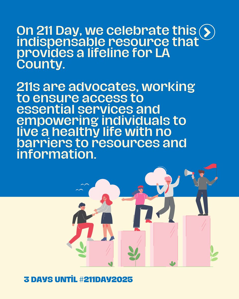 211LACounty's tweet photo. Save the Date! Only 3 DAYS until #211Day2025! ๐๐
Join us in celebrating 211LAโs vital work connecting individuals and families to resources like food, housing, mental health support, and disaster recovery. ๐
#Celebrate211LA #3DaysToGo #211LA https://t.co/NaHXJ1uKxB