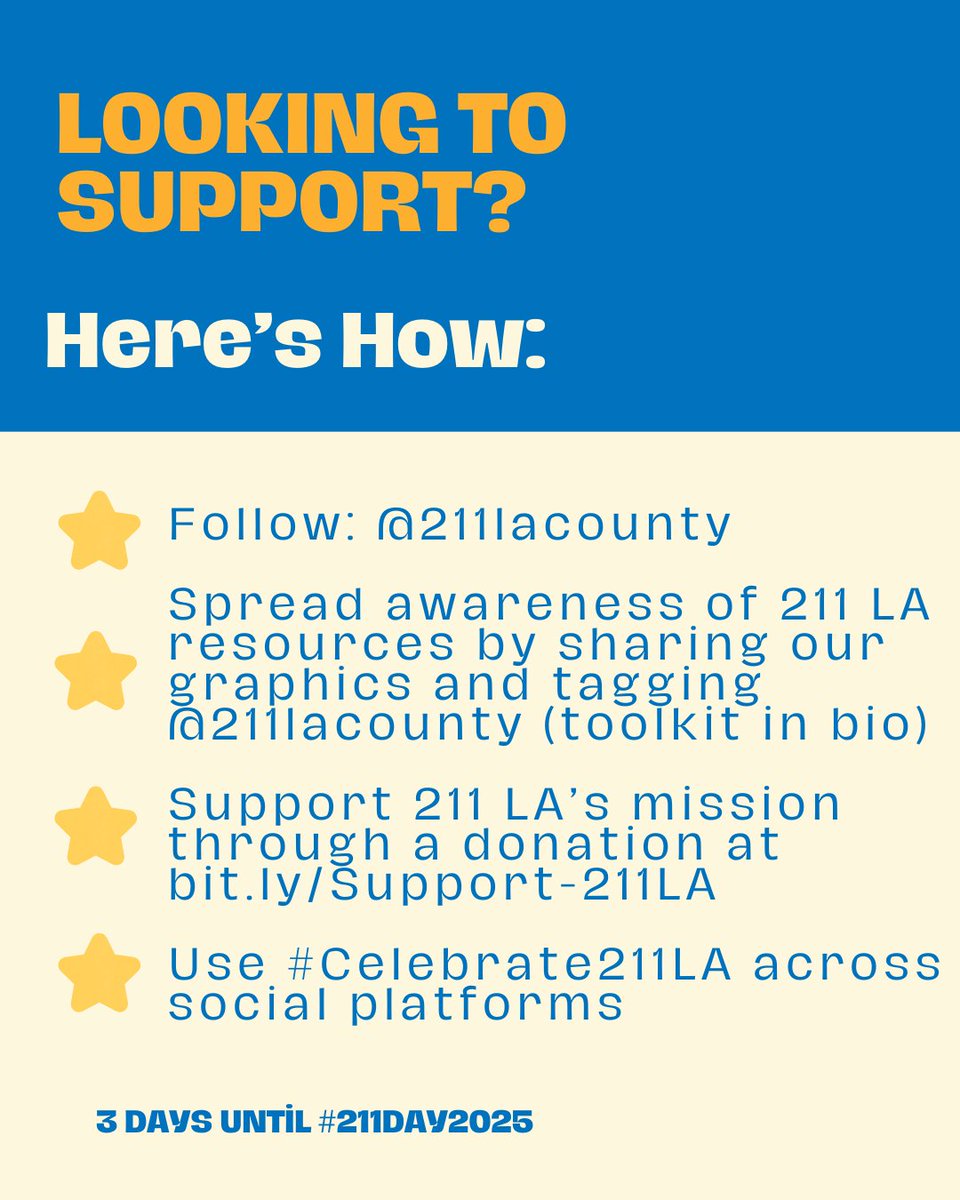 211LACounty's tweet photo. Save the Date! Only 3 DAYS until #211Day2025! ๐๐
Join us in celebrating 211LAโs vital work connecting individuals and families to resources like food, housing, mental health support, and disaster recovery. ๐
#Celebrate211LA #3DaysToGo #211LA https://t.co/NaHXJ1uKxB