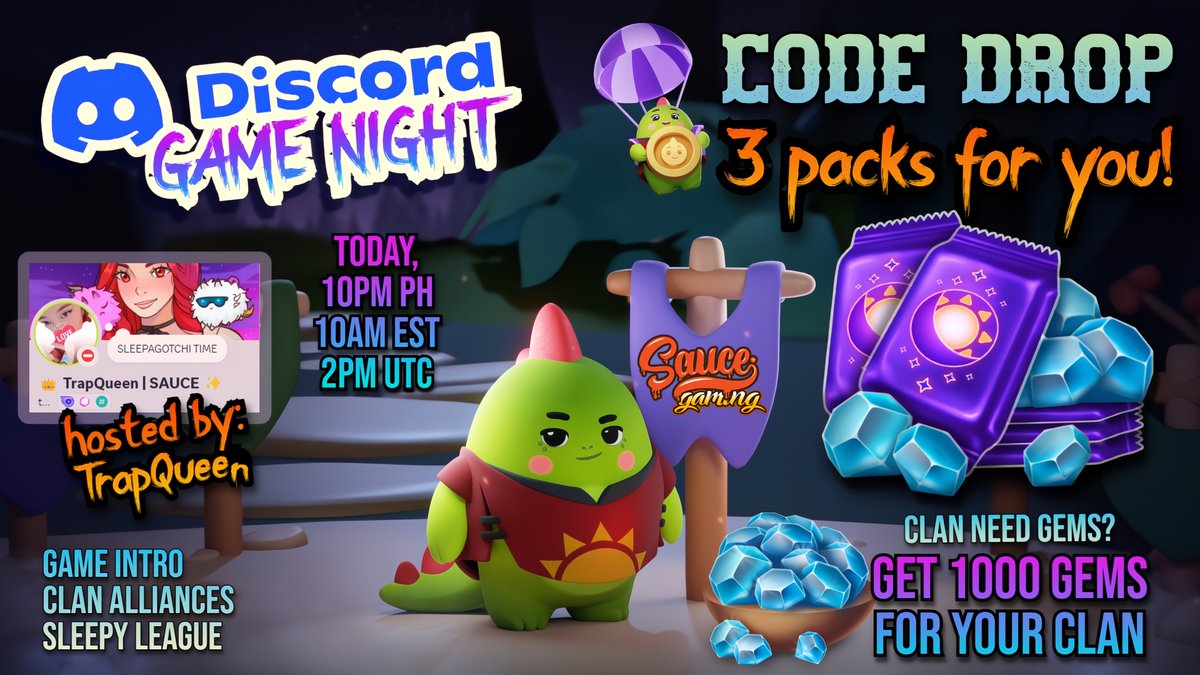 ๐ TQ ๐ฆ๐ (@tq_games) on Twitter photo ๐ Code Drop real quick later at <a href="/SAUCESQUADGG/">SAUCE SQUAD</a> discord w/ our coaches geekin' about <a href="/sleepagotchi/">Sleepagotchi ๐ค๐ฆ</a> basics, our coming SLEEPY LEAGUE & empowering clans!๐ค
๐ Code w/ 3 Packs for ALL attendees
๐1000 gems for your clan if you come representing!
If you are looking for a clan, join ๐ Code Drop real quick later at <a href="/SAUCESQUADGG/">SAUCE SQUAD</a> discord w/ our coaches geekin' about <a href="/sleepagotchi/">Sleepagotchi ๐ค๐ฆ</a> basics, our coming SLEEPY LEAGUE & empowering clans!๐ค
๐ Code w/ 3 Packs for ALL attendees
๐1000 gems for your clan if you come representing!
If you are looking for a clan, join