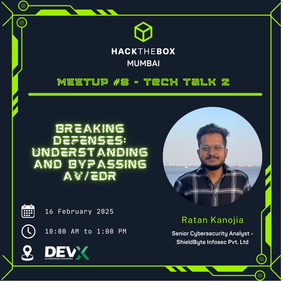 We're thrilled to announce our upcoming HTB Mumbai Meetup #8

📅 Date: Sunday, February 16, 2025
🕒 Time: 10:00 AM - 1:00 PM IST
📍 Venue: DevX, Mumbai
(lnkd.in/dmUP8g4x)

Registration Link: lnkd.in/dSqGQwJY

#cybersecurity #hackthebox #hacktheboxmeetup #hacking