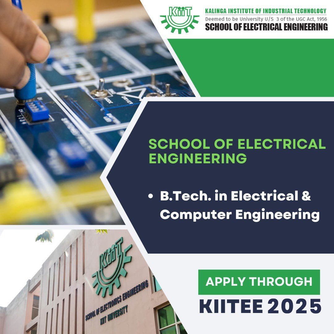 KIITUniversity's tweet image. Our School of Electrical Engineering offers B. Tech. in Electrical &amp;amp; Computer Engineering, blending core electrical concepts with cutting-edge computing technologies.

🔹 Industry-Aligned Curriculum
🔹 Hands-on Learning &amp;amp; Innovation
🔹 Future-Ready Career Prospects

Admissions…