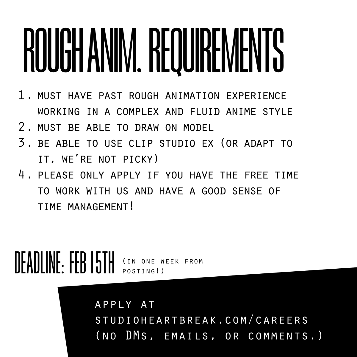 we're hiring cleanup and rough animators! you can apply using the link below. Please do not comment/DM/email to apply, since we won't be able to review those. Thank you for your time!