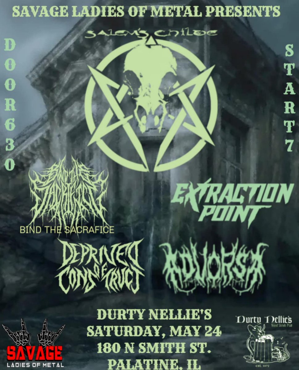 We're back Saturday May 24th at Durty Nellie's with this killer line up. We will be running a fire sale on all in stock merch. Come on out and start your Memorial Day Weekend with some badass live music! 
facebook.com/events/s/salem…