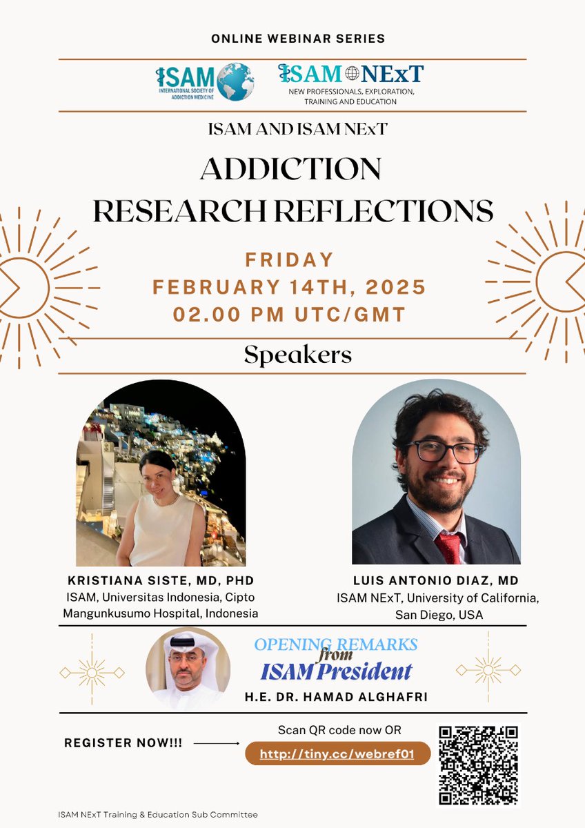 Dr. Venkata Lakshmi Narasimha MD DM (@narasimha_gvl) on Twitter photo Attention #Addiction researchers
2nd in the series from <a href="/isamnext/">ISAMNExT</a>
#Addiction Research Reflections
Join us for exciting insights
🗓️ 14 Feb
Dr. Kristiana Siste <a href="/ISAMAddiction/">ISAMAddiction</a> (expertise in Behavioural addictions)
<a href="/LuisAntonioDiaz/">Luis Antonio Díaz, MD</a> (Alcohol, #Liver disease, Public health) Attention #Addiction researchers
2nd in the series from <a href="/isamnext/">ISAMNExT</a>
#Addiction Research Reflections
Join us for exciting insights
🗓️ 14 Feb
Dr. Kristiana Siste <a href="/ISAMAddiction/">ISAMAddiction</a> (expertise in Behavioural addictions)
<a href="/LuisAntonioDiaz/">Luis Antonio Díaz, MD</a> (Alcohol, #Liver disease, Public health)