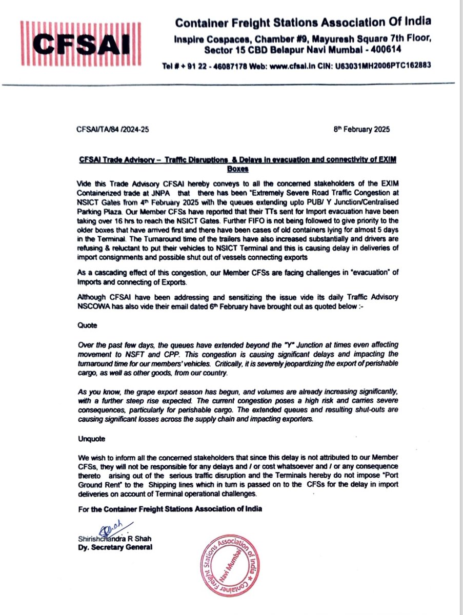 Traffic delays &amp;  disruption in NSICT gates at JNPA - EXIM connectivity impacted 
Long queues  of Truck Trailers pile up at JNPA's NSICT Terminal gates extending few kms  upto PUB and impacts export connectivity  in last few days . CFSAI issued  a trade Advisory   on 8th seeking