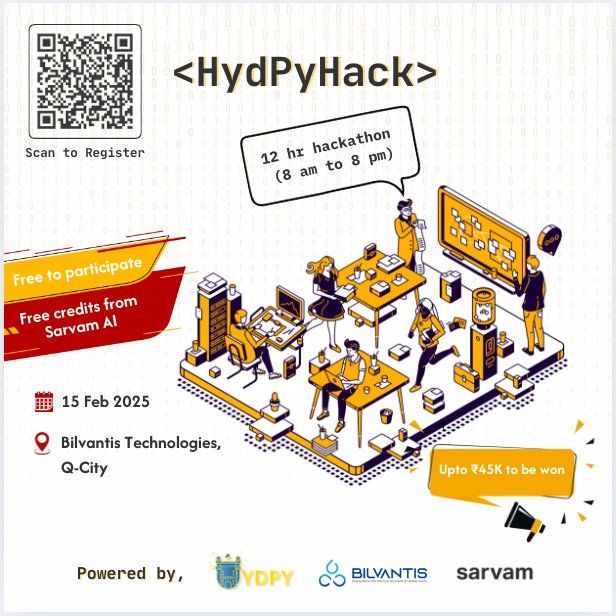hydPython's tweet image. 🚀Join us for #HydPyHack2025, a 12-hour #GenerativeAI hackathon happening on 15 Feb, 8 am - 8 pm at @bilvantis, in collaboration with @SarvamAI. Compete for cash prizes, showcase your skills &amp;amp; collaborate with brilliant minds! Registration link 👇

#AI #hackathon #Hyderabad