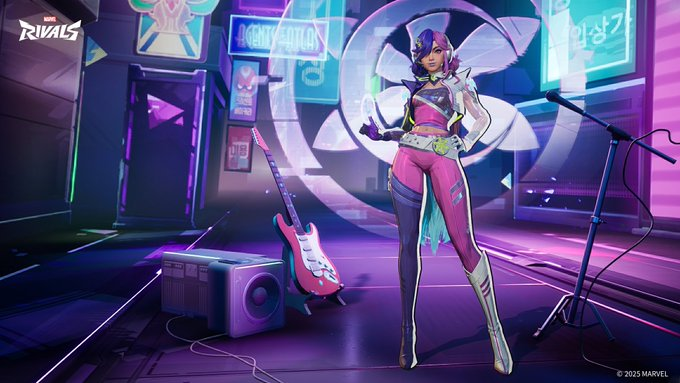 Rivals_Updates's tweet photo. A new skin for Luna Snow! original to Marvel rivals S1, the outfit can be purchased seperate or in a bundle, which includes the following,

-Exclusive MVP
-Emote
-Spray
-Nameplate

The bundle costs 2200 Units (22 Dollars USD) https://t.co/HN7y1EbG42