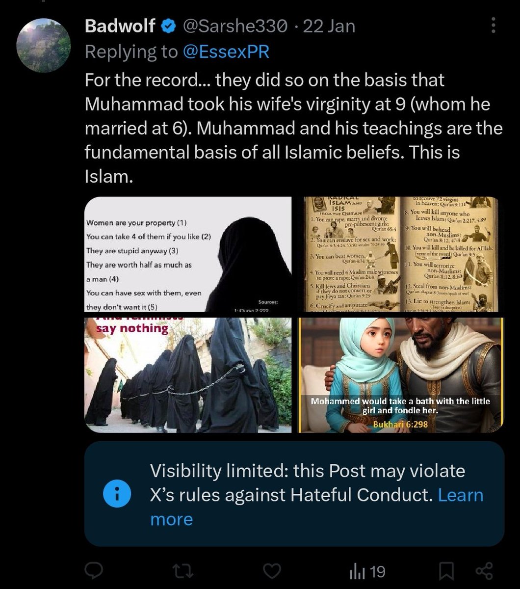 Sarshe330's tweet image. Yet again, X proves that stating facts (directly from the Quran) is considered 'hateful speech'. Probably has something to do with X being owned by the Saudis.