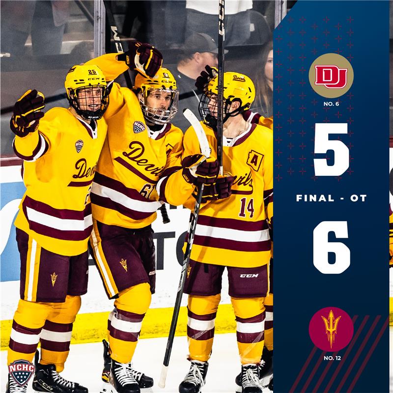 TheNCHC's tweet image. An OT thriller for the second straight night!

ASU flips the script and gets the split 🔱

#NCHChockey // #BeTheTradition
