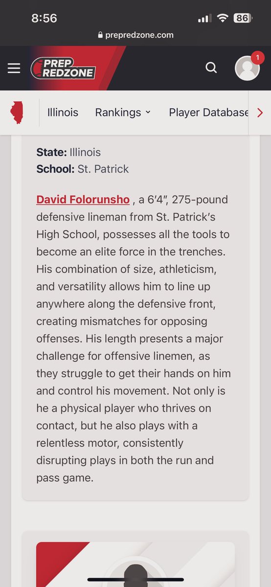 David “Rampage” Folorunsho ‘27 (@davidfolorunsh0) on Twitter photo Thank you <a href="/PrepRedzoneIL/">Prep Redzone Illinois</a> for the write up. Just the beginning!
<a href="/GregSmithRivals/">Greg Smith</a> <a href="/StPatrickFB/">Saint Patrick Football</a> <a href="/PetersNUFB/">Zach Peters</a> <a href="/scottybscout/">Scott Burgess</a> <a href="/Bryan_Ault/">Bryan Ault - Midwest Scout</a> <a href="/EDGYTIM/">Timothy “EDGYTIM” OHalloran</a> <a href="/Recruit2Illini/">UI Zone</a> @mister_coachZib <a href="/TheCoachLeeShow/">TheCoachLeeShow M.Ed. PHA</a> <a href="/PlayBookAthlete/">PLAYBOOK ATHLETE</a> Thank you <a href="/PrepRedzoneIL/">Prep Redzone Illinois</a> for the write up. Just the beginning!
<a href="/GregSmithRivals/">Greg Smith</a> <a href="/StPatrickFB/">Saint Patrick Football</a> <a href="/PetersNUFB/">Zach Peters</a> <a href="/scottybscout/">Scott Burgess</a> <a href="/Bryan_Ault/">Bryan Ault - Midwest Scout</a> <a href="/EDGYTIM/">Timothy “EDGYTIM” OHalloran</a> <a href="/Recruit2Illini/">UI Zone</a> @mister_coachZib <a href="/TheCoachLeeShow/">TheCoachLeeShow M.Ed. PHA</a> <a href="/PlayBookAthlete/">PLAYBOOK ATHLETE</a>