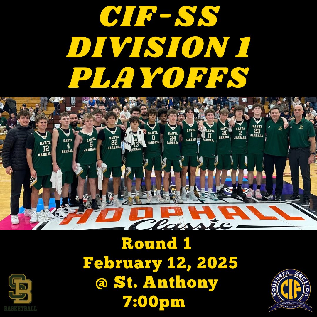 The Dons are on the road for the first round of the CIF Southern Section Division 1 playoffs! They’ll take on St. Anthony of Long Beach this Wednesday night at 7 PM. Let’s pack the stands and show our support!

#WeAreSB  
#SBDonsHoops  
#SantaBarbara  
#SchoolOfChampions