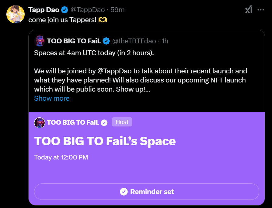 Dxmiancrypto's tweet photo. @TappDao REMINDER SET
#TAPPDAO https://t.co/5meYh5JJ5D