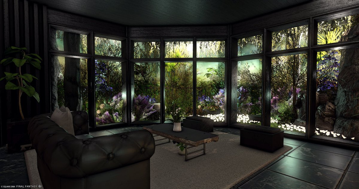 「華緑碧」代行
「華緑青」テイストのお部屋のご希望をいただいたので、新しい家具を使い似て異なるお部屋にしました。
お庭の美しさにこだわって作りました。

住所　Gaia Bahamut ミスト 12-27　S
公開いただいています。

#FF14ハウジング #ffxivhousing 
#HousingEden