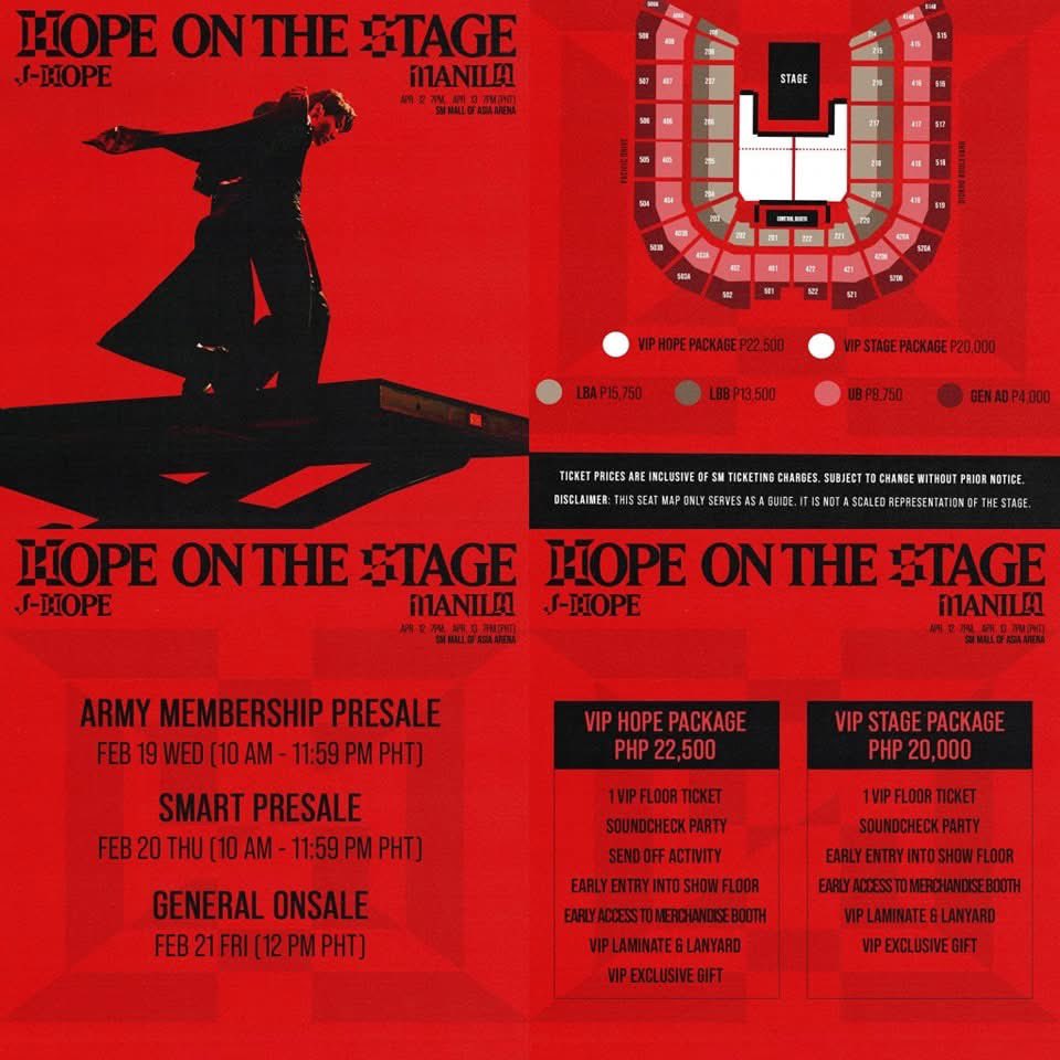 HELLO ARMYs! 💜

🎟️ TICKET ASSISTANCE!
J-HOPE 'HOPE ON THE STAGE' in MANILA
2025.04.12 
2025.04.13

• ARMY Membership Presale: February 19 - 10AM
• Smart Presale: February 20 - 10AM 
• General Onsale: February 21 - 12NN
#jhope #jhope_tour #HOPE_ON_THE_STAGE_TOUR_Manila