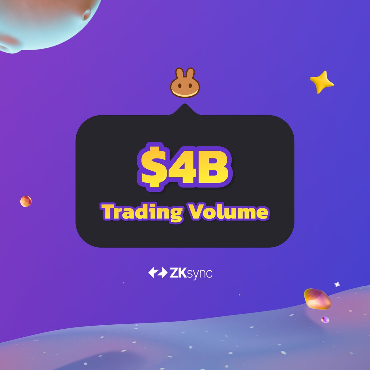 ⚡ Get in sync with ZKsync!

PancakeSwap on @ZKsync Era has powered through $4B in trading volume! 💥

Are you trading yet? 👉 pancakeswap.finance/swap?chain=zks…