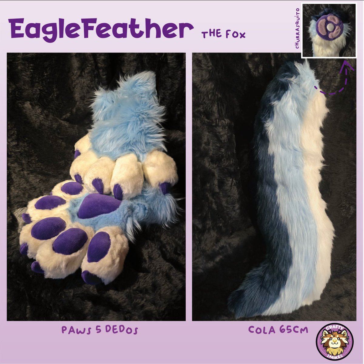 EAGLEFEATHER 
✨Nuevo furro de la familia Crafty ✨
✅Base Impresa en 3d con mandíbula móvil.
✅Telas de HowlsFabric
✅Paws 5 dedos
✅Cola con pasacinto escondido (Y detalle churrasquito)
✅Parpados Imantados 

🐸Recontra contenta con el resultado🐸