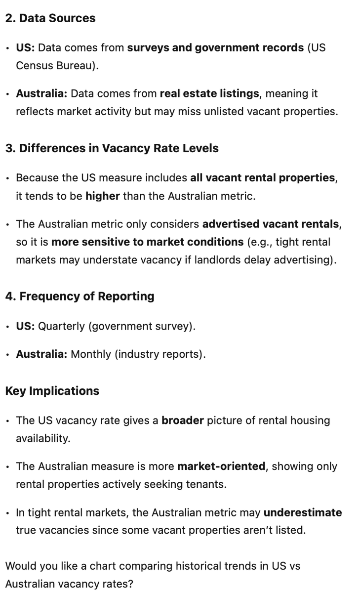 DrCameronMurray's tweet photo. This a reminder that Rental Vacancy Rate metrics in Australia and the U.S. measure different things and are not comparable. 

Please don't say "but look at rental vacancy in Texas compared to Victoria"

Read my take here
https://t.co/R3SNgUTrWk

Even ChatGPT gets it right: https://t.co/199NdYanVC