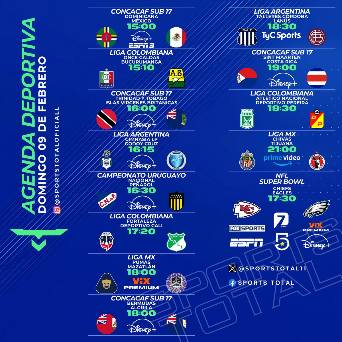 SportsTOTAL11's tweet photo. Esto es lo que tendremos en la agenda del día de este #DomingoFutbolero
.
#SportsTotal #LaCasaDelFutbol #AgendaFutbolera #LigaBBVAMX
#TransmisionEnVivo #AgendaDeportiva #NFL #AgendaFutbolistica https://t.co/CRWXILApkX