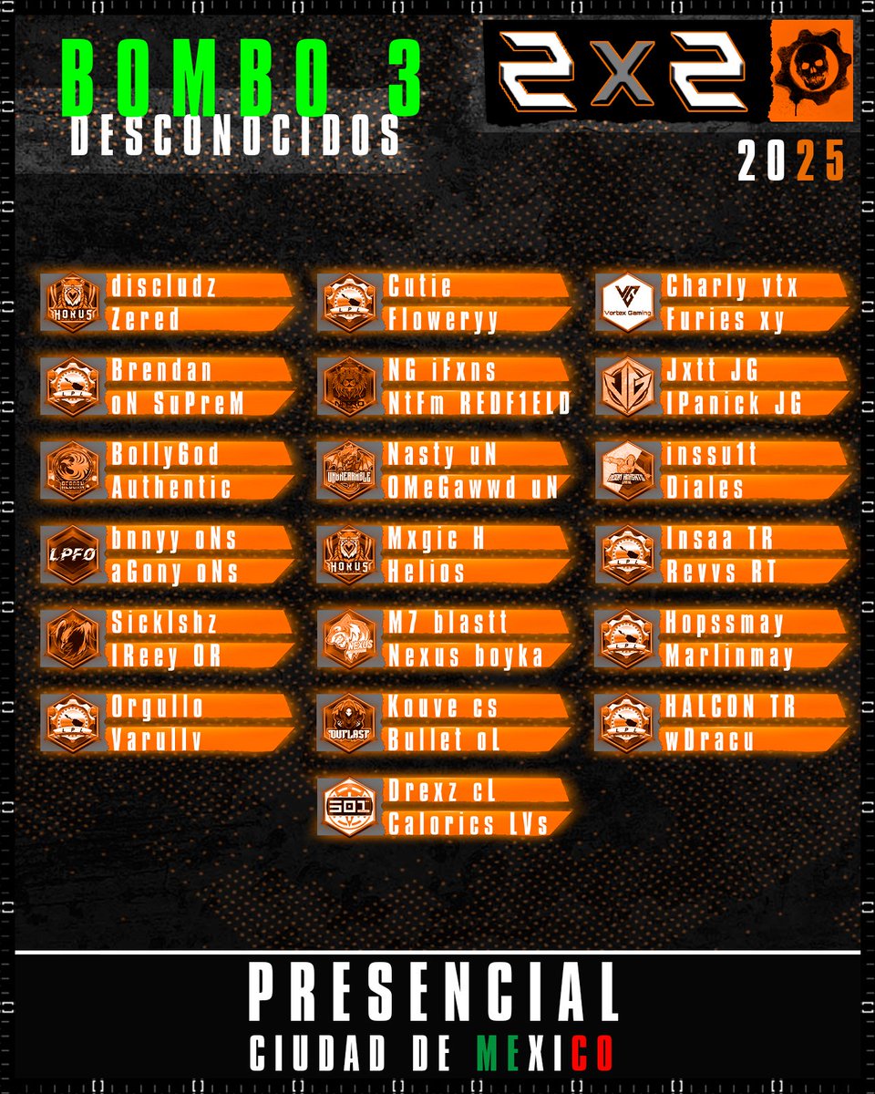 PRESENCIAL CIUDAD DE MÉXICO 2025 LPL 2VS2 BATTLE   

BOMBOS A SORTEAR EN VIVO

☢️DOMINGO 09 20:00 HRS

twitch.tv/deportedigital…

<a href="/sc1mx/">score one 🎮 sc1</a>
<a href="/Monougg/">Monou</a>
<a href="/XboxMexico/">Xbox México</a>
<a href="/Kamite5/">Editorial Kamite</a>
<a href="/LogitechG/">Logitech G</a>
<a href="/GearsLATAM/">GearsLATAM</a>
<a href="/GearsEsports/">Gears Esports</a>