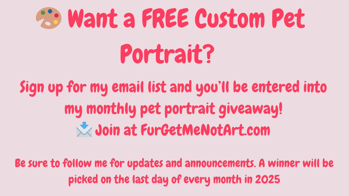 FurGetMeNotArt's tweet photo. 🎨 Want a FREE Custom Pet Portrait? 🐾

Join my email list for a chance to win a custom pet portrait! I am doing a giveaway every month in 2025! Sign up today and you could be the next winner! 💛

📩 Enter here: https://t.co/m3t93XM0p1

Tag a pet lover who’d love this! 🐶🐱🐴 https://t.co/osJ3CNPsu4