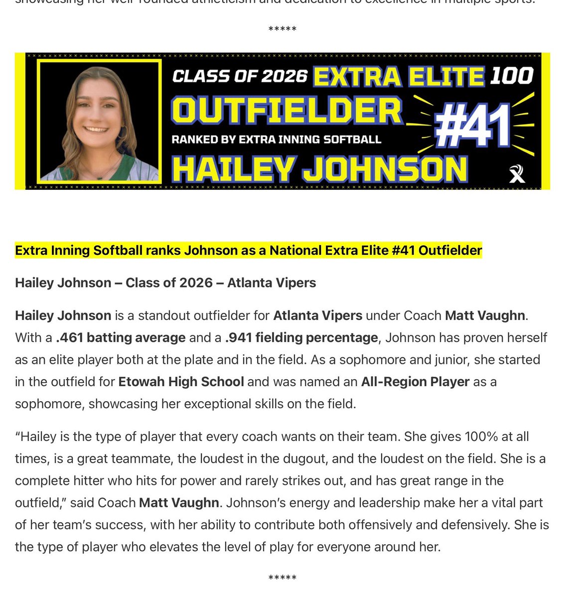 hailey johnson (@hailey_j5) on Twitter photo I am so incredibly honored to be ranked National #41 by <a href="/ExtraInningSB/">EXTRA INNING SOFTBALL</a>. Thank you to all my coaches and family for always putting in the work with me! <a href="/Vipers08Vaughn/">Atlanta Vipers 08 - Vaughn</a> <a href="/SamfordSB/">Samford Softball</a> <a href="/megdcurry/">Megan Dowdy Curry</a> <a href="/LipscombSB/">Lipscomb Softball</a> <a href="/CoachKRyman/">Kristin Ryman</a> I am so incredibly honored to be ranked National #41 by <a href="/ExtraInningSB/">EXTRA INNING SOFTBALL</a>. Thank you to all my coaches and family for always putting in the work with me! <a href="/Vipers08Vaughn/">Atlanta Vipers 08 - Vaughn</a> <a href="/SamfordSB/">Samford Softball</a> <a href="/megdcurry/">Megan Dowdy Curry</a> <a href="/LipscombSB/">Lipscomb Softball</a> <a href="/CoachKRyman/">Kristin Ryman</a>