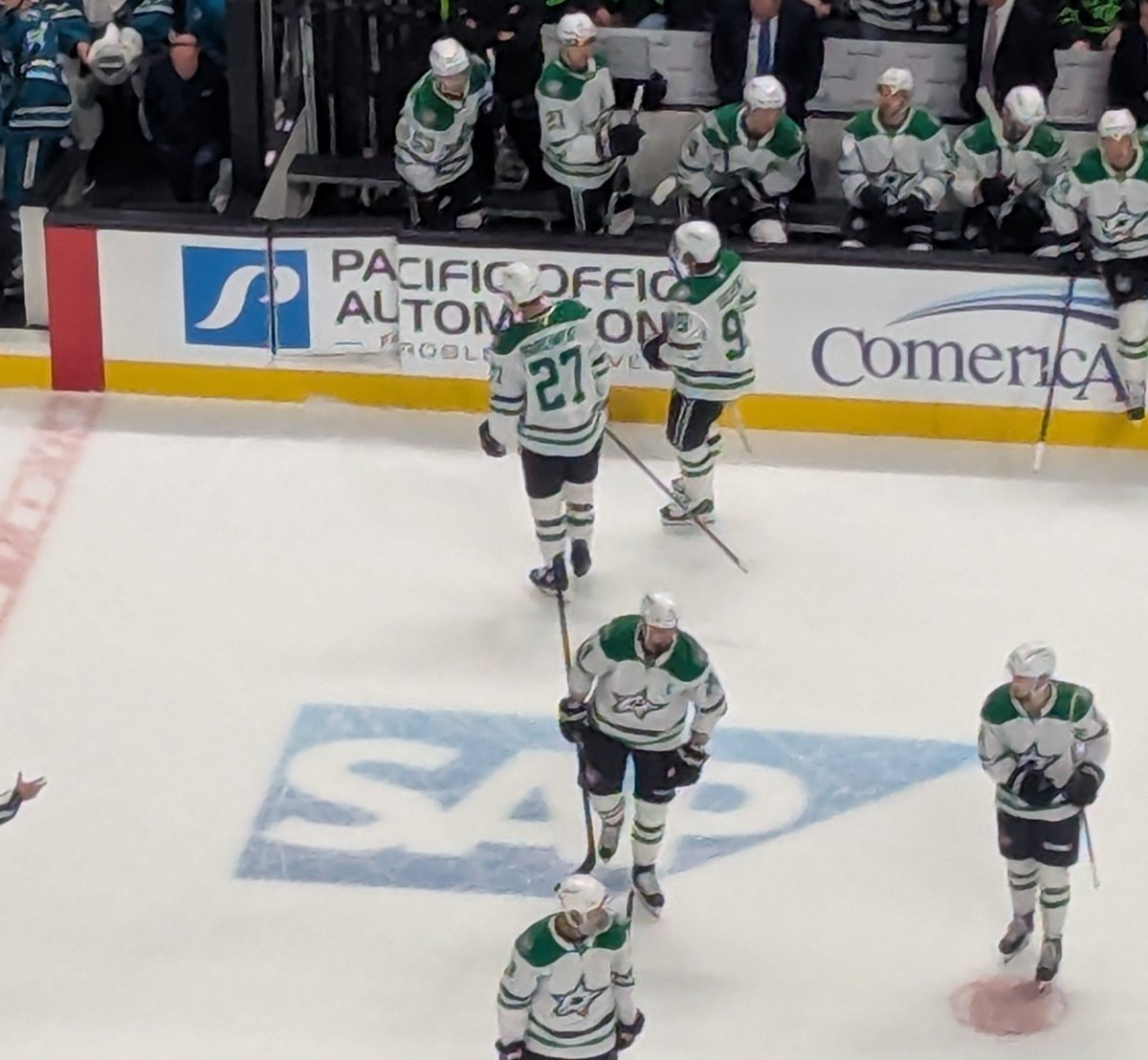 Mason Marchment (27), son of the late former Sharks star Bryan Marchment, adds a third goal for Dallas on his dad's old turf. Stars 3, Sharks 2. <a href="/nbcbayarea/">NBC Bay Area</a>