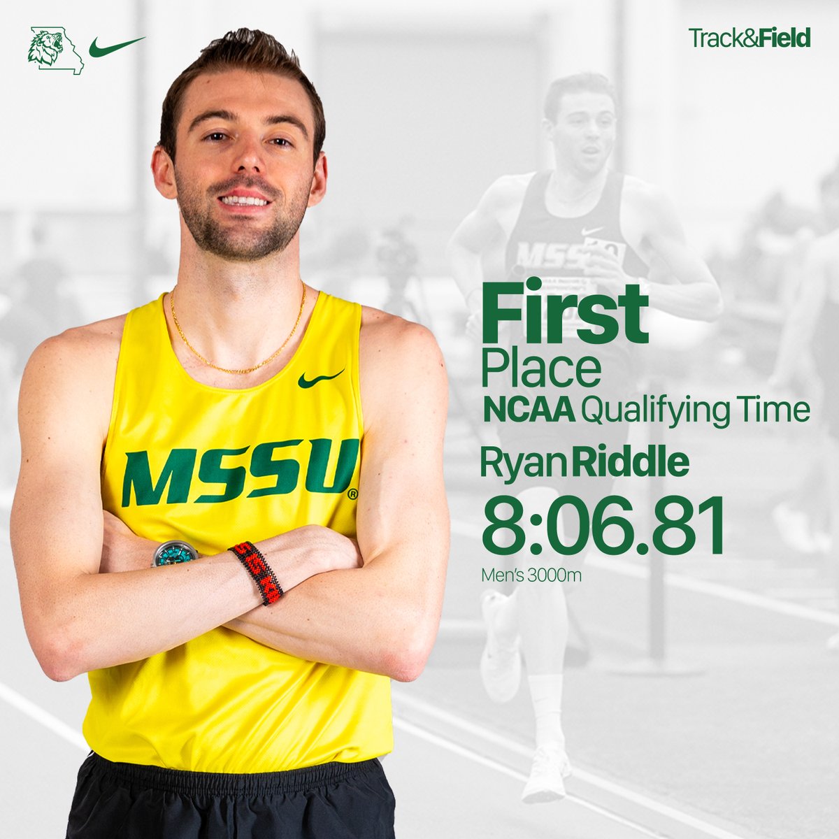 Ryan Riddle takes 1st place in the men's 3000m with a Bearcat Invite record and NCAA Qualifying Time of 8:06.81! 🦁