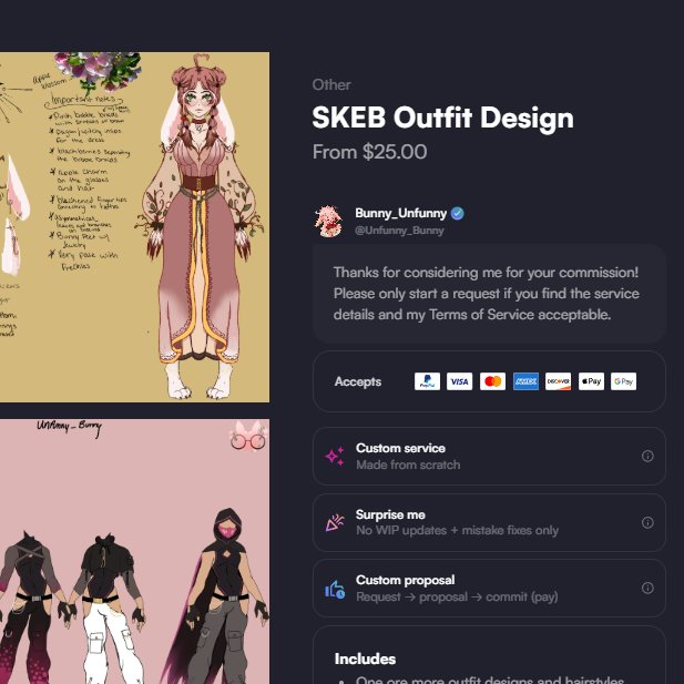 Bunny_Unfunny's tweet photo. I have opened a new service on my Vgen! Skeb outfit designs :3 

A big thank you to @NekoRikhu and @TalonVT for being my test subjects! https://t.co/hWrFzfLxlM