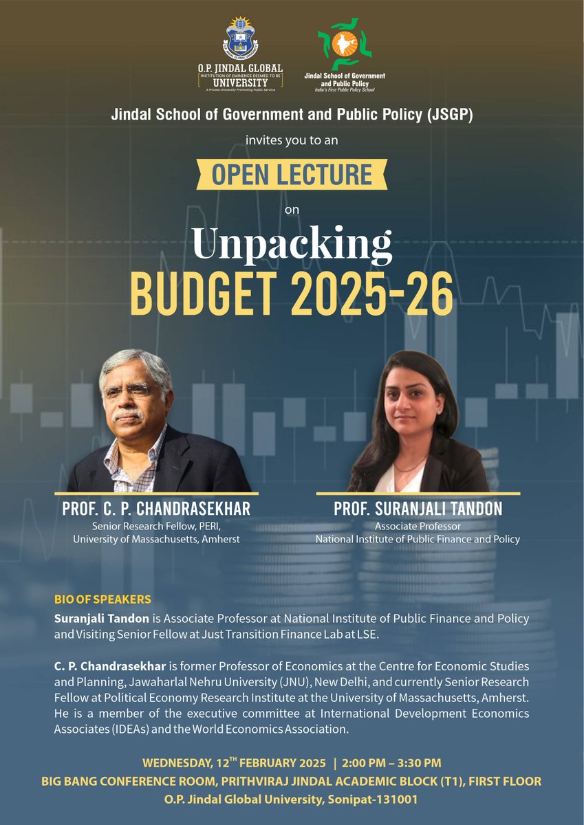 Mrinalini Jha (@mrinalinijha22) on Twitter photo Looking forward to having <a href="/cpc01/">C.P. Chandrasekhar</a> and <a href="/TandonSuranjali/">Suranjali Tandon</a> discussing #Budget2025 on campus, 12th Feb, 2 PM.
<a href="/JSGP_JGU/">Jindal School of Government & Public Policy (JSGP)</a> <a href="/JindalGlobalUNI/">JGU</a> <a href="/SudarshanUN/">R. Sudarshan</a> Looking forward to having <a href="/cpc01/">C.P. Chandrasekhar</a> and <a href="/TandonSuranjali/">Suranjali Tandon</a> discussing #Budget2025 on campus, 12th Feb, 2 PM.
<a href="/JSGP_JGU/">Jindal School of Government & Public Policy (JSGP)</a> <a href="/JindalGlobalUNI/">JGU</a> <a href="/SudarshanUN/">R. Sudarshan</a>