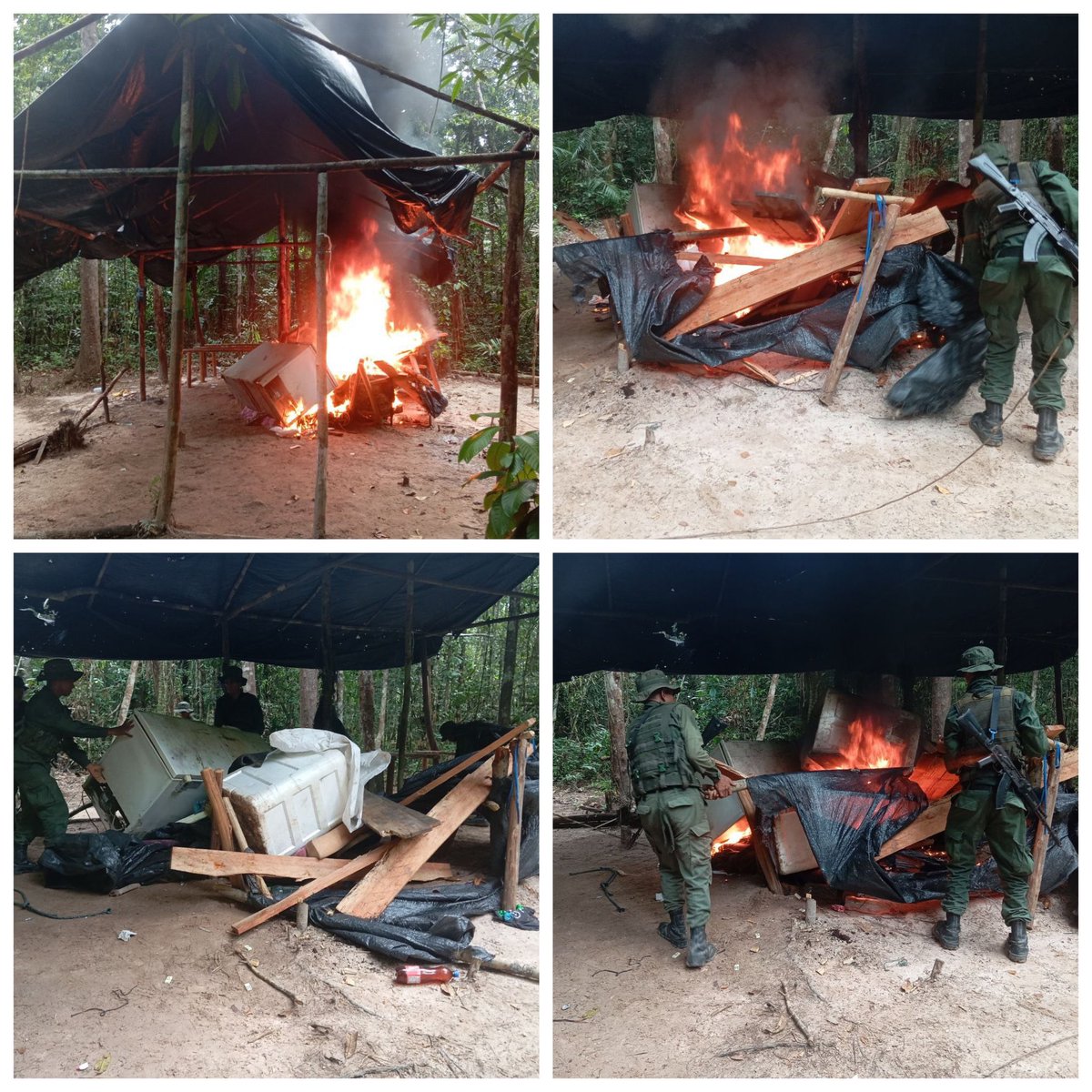 dhernandezlarez's tweet photo. La FANB a través de la REDI Nº 6 GUAYANA, en la ZODI Nº 63 AMAZONAS, en el marco de la Operación “Neblina 2025,” empleando BST YAPACANA 08FEB25, durante labores de patrullaje terrestre en el sector “POLLO DURO Y FIBRAR” del Parque Nacional YAPACANA, detectaron un campamento logístico dedicado a la mineria ilegal, de acuerdo a la siguiente relación del material destruido:
-Una (01) planta eléctrica inoperativa 
-Dos (02) tapetes de alfombra 
-Dos (02) pares de botas de gomas 
-Una (01) cava de anime 
-Una (01) colchoneta 
-Un (01) Refrigerador horizontal 
-Diez (10) envases tipo bidón contentivos de combustible tipo diésel 
-Un (01) botellón de agua 
En el estado Amazonas de acuerdo a nuestro ordenamiento jurídico territorial está totalmente prohibida la explotación minera y de hidrocarburos. El suelo del territorio nacional no se negocia, no se vende y no podrá ser enajenado. Los parques nacionales y áreas forestales deben ser protegidas por toda la ciudadanía, ya que los mismos se encuentran bajo régimen de protección especial de conservación del Estado venezolano. ¡INTEGRAR ES VENCER!