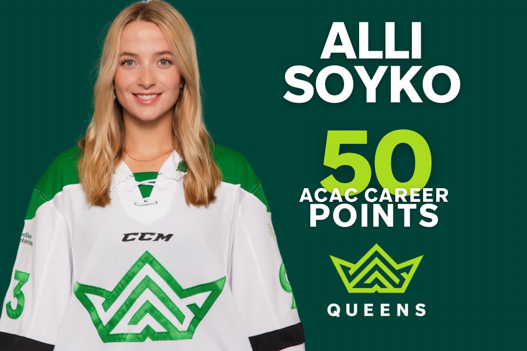 Queens Hockey and RDP Athletics would like recognize Alli Soyko on her 50 point ACAC achievement! 
5th year, Soyko sits at 36 assists with 15 goals! 
We couldn’t be any more proud of you Alli, keep up the hard work!💚