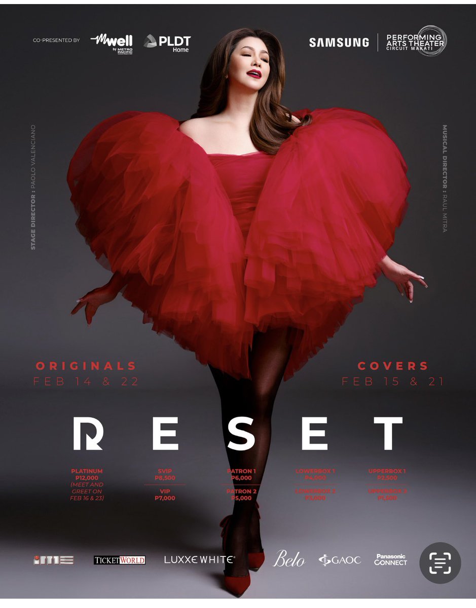 R E S E T 
ORIGINALS Feb 14 &amp; 22

R E S E T  
COVERS Feb 15 &amp; 21

at @cpatofficial

MEET &amp; GREET: 
Exclusive for PLATINUM ticket holders 
FEB 16, 3pm : Feb 14 &amp; 15 shows 
FEB 23, 3pm : Feb 21 &amp; 22 shows 
at CPAT

Tickets available at ticketworld.com.ph

Stage Director: