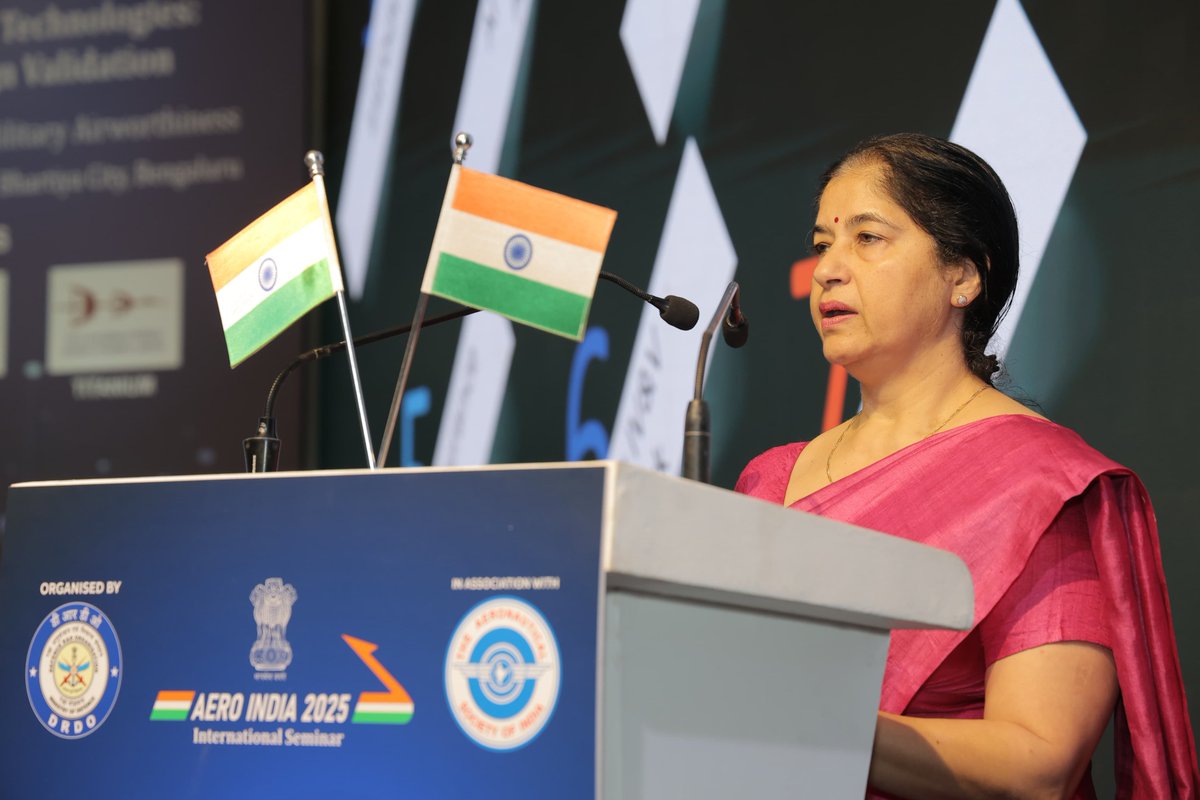 writetake's tweet image. #WingsOfWisdom #AeroIndiaSeminar #PlaneCarnival #CEMILAC 

Comprehensive approach key in integrating AI safely into military aviation systems: Dr Chandrika Kaushik

Speaker: Dr Chandrika Kaushik,
OS &amp;amp; DG PC&amp;amp;SI, DRDO

Topic:  Navigating Airworthiness in Futuristic Aerospace: