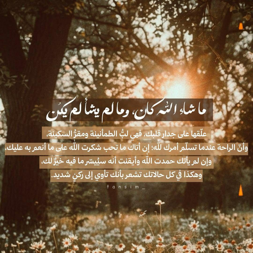 "ما شاء الله ڪان، وما لم يشأ لم يكُن"

علقها على جدار قلبك، فهي لب الطمأنينة ومقر السڪينة، وأنّ الراحة عندما تسلم أمرك لله إن أتاك ما تحب شڪرت الله على ما أنعم به عليك،
 وإن لم يأتك حمدت الله وأيقنت أنه سييسّر ما فيه خير لك، وهڪذا في ڪل حالاتك تشعر بأنك تأوي إلى رڪنٍ شديد.🤍