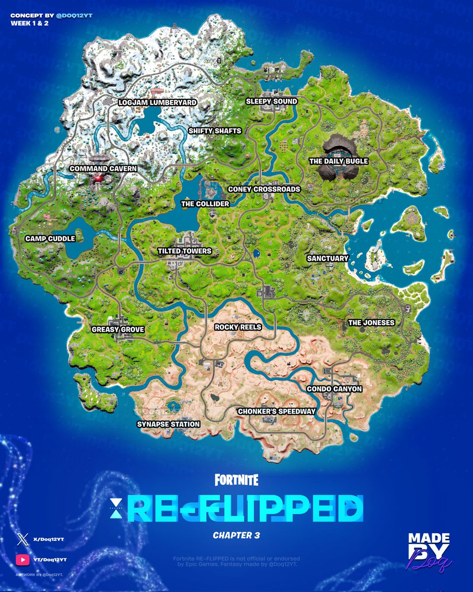 kurtconcepts's tweet photo. WHAT IF | Fortnite Re-Flipped Chapter 3 (Concept)
Welcome back to Chapter 3, home of the Seven. Revisit Sanctuary, Sleepy Sounds, The Daily Bugle, Chonker's Speedway, The Joneses, Camp Cuddle, and more as the week progresses!

#Fortnite #chapter3 https://t.co/llvS1JRQy8