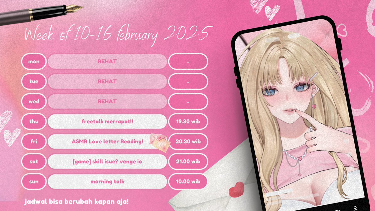 merrameronaa's tweet photo. 🔔 JADWAL STREAM MINGGU DEPAN 🔔
Minggu ini bakal rame! Ada event spesial di 14 Februari~ 💘
Siapkan hati, camilan, dan tisu kalau perlu ?
🎁 Event 14 Februari: Nantikan ya, G-FORM NYUSUL👀💕
Jangan sampai ketinggalan, nanti nyesel loh! 🚀✨
#Merramerona #infomerra #Merromansa https://t.co/6QuvwvMrzU