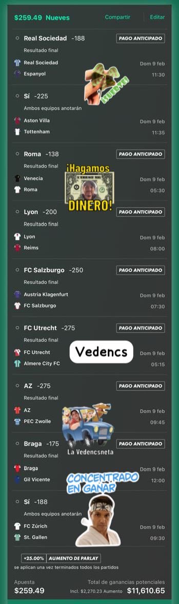 Vámonos a dormir con la esperanza de que <a href="/bet365mx/">bet365 México</a> corrija todos sus errores en los remates de los juegos de liga mx y dé verdes todos los rojos por culpa de <a href="/OptaSTATS/">OptaSTATS</a> y si no pues nos los vamos a chingar con este parlay dominguero de fútbol europeo.
⚽️💪🏼🍀💰👍🏼✅