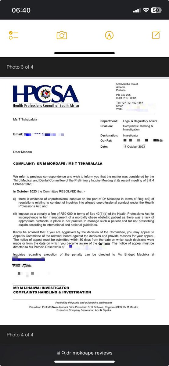 Netcare  Parklane Dr motlatsi mokoape net HPCSA guilty and fine. I  also experienced obstetric violence a review she has since deleted . She induced me without consent  before my due date ignored my low lying placenta and  report from referring Dr  stating not to.