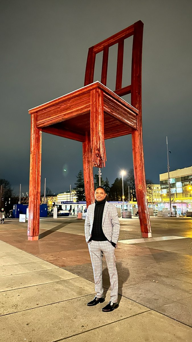 bchaitu's tweet photo. Did you know there’s a giant broken chair standing right in front of the United Nations office in Geneva? 🪑🌍

At first glance, it might just look like an unusual piece of art, but it carries a powerful message. The Broken Chair stands as a striking reminder of the devastating impact of landmines and cluster munitions on innocent civilians, symbolizing the delicate balance between vulnerability and resilience.

The actual message displayed next to the chair reads:

"AGAINST THE USE OF ARMED VIOLENCE ON CIVILIANS

Broken Chair is a symbol of both fragility and strength, precariousness and stability, brutality and dignity.

Originally conceived by Handicap International with the aim of urging nations to ban anti-personnel mines (in 1997) and cluster munitions (in 2008), Broken Chair is an ongoing symbol of the desperate cry of war-torn civilian populations.

Broken Chair is a reminder to the world’s nations to protect and aid our civilian victims. It invites each one of us to denounce that which is unacceptable, to stand up for the rights of individuals and communities, and to call for their rightful compensation."

#unitednations
#brokenchair
#geneva
#switzerland
