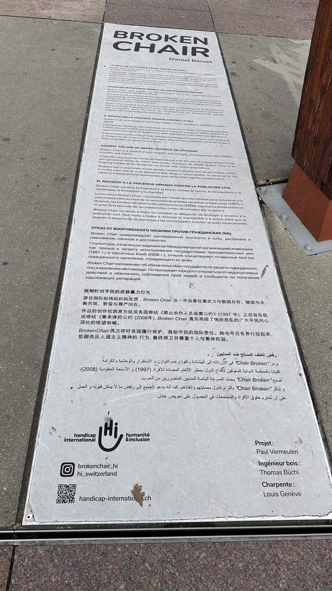 bchaitu's tweet photo. Did you know there’s a giant broken chair standing right in front of the United Nations office in Geneva? 🪑🌍

At first glance, it might just look like an unusual piece of art, but it carries a powerful message. The Broken Chair stands as a striking reminder of the devastating impact of landmines and cluster munitions on innocent civilians, symbolizing the delicate balance between vulnerability and resilience.

The actual message displayed next to the chair reads:

"AGAINST THE USE OF ARMED VIOLENCE ON CIVILIANS

Broken Chair is a symbol of both fragility and strength, precariousness and stability, brutality and dignity.

Originally conceived by Handicap International with the aim of urging nations to ban anti-personnel mines (in 1997) and cluster munitions (in 2008), Broken Chair is an ongoing symbol of the desperate cry of war-torn civilian populations.

Broken Chair is a reminder to the world’s nations to protect and aid our civilian victims. It invites each one of us to denounce that which is unacceptable, to stand up for the rights of individuals and communities, and to call for their rightful compensation."

#unitednations
#brokenchair
#geneva
#switzerland