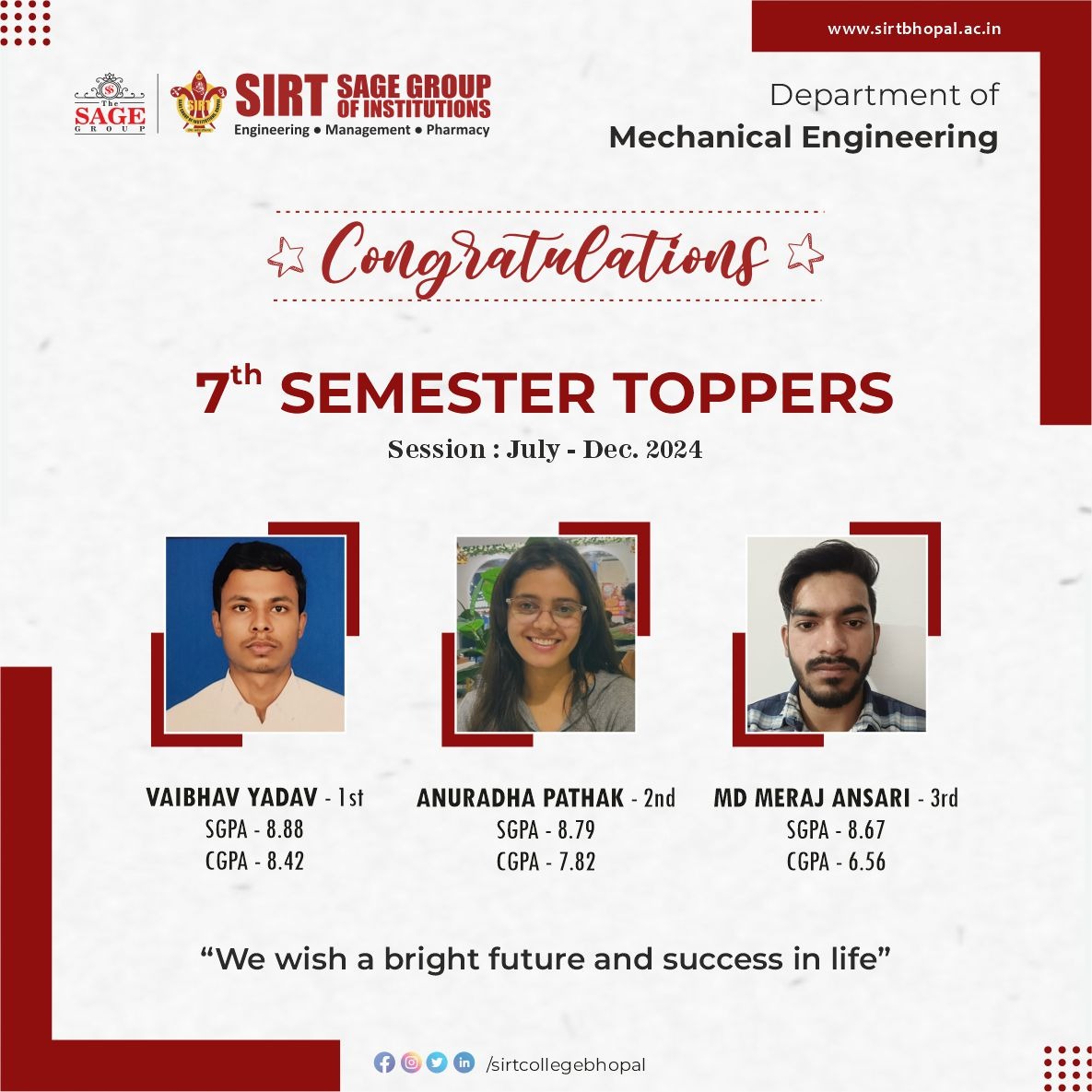 SIRT_BHOPAL's tweet photo. Congratulations 👏 👏 

Kudos to our outstanding students! May your hard work and dedication lead you to even greater heights✨👏👏

#Congratulations #SIRT #SIRTcourses #StudentTalents #StudentHardwork #AdmissionsOpen #TheSageGroup #TheSageBhopal #Toppers https://t.co/5UoTpNxfd9